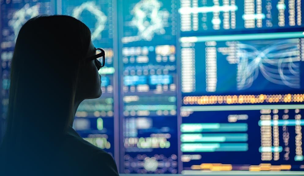 A silhouette of a woman looking at a computer screen.