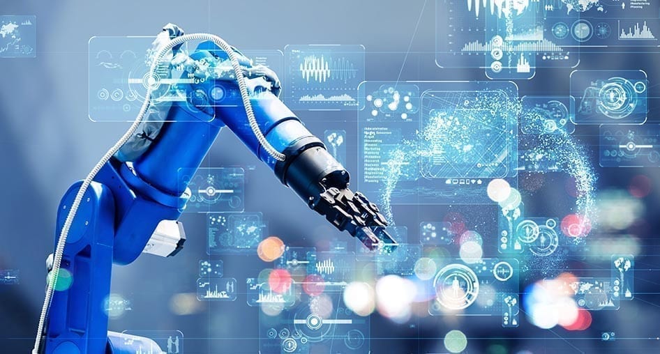 An industrial robotic arm in front of a digital background.