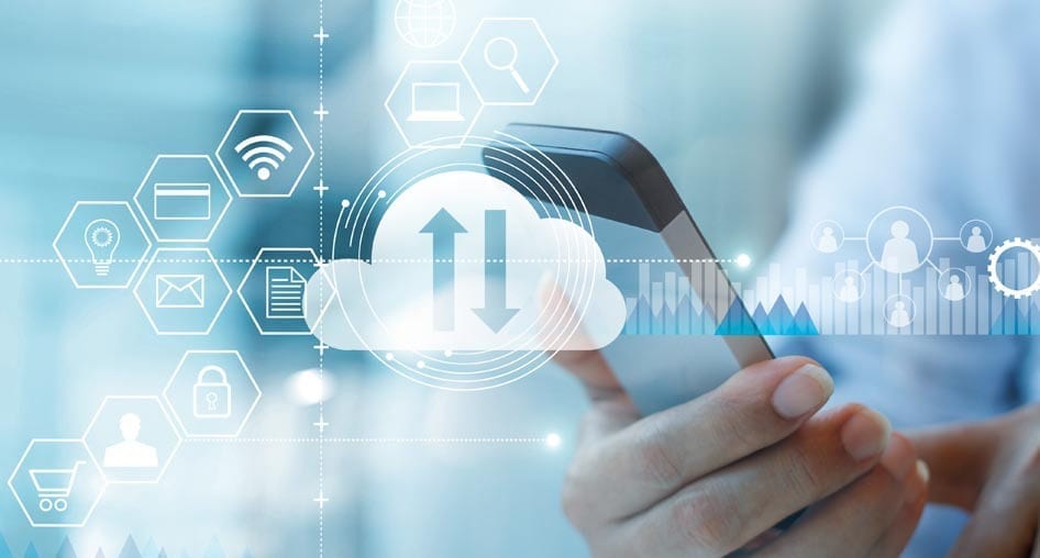 Cloud showing by-direction data flow with a mobile device.