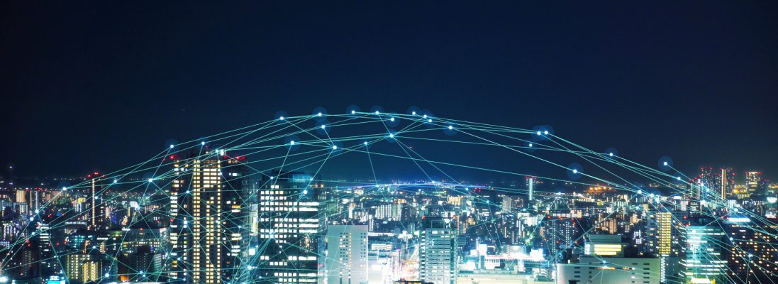 A city with lights connected to it.