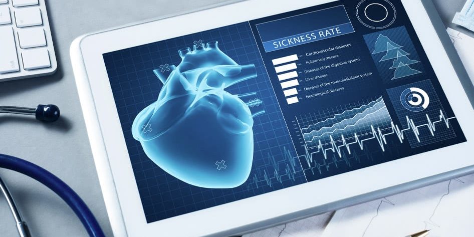 A tablet displaying an image of a heart for remote health monitoring.