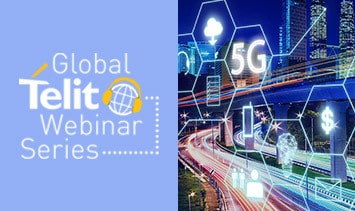 Global Telit Webinar Series with bright city highway lit with headlight and tail light motion blurs, overlaid with 5G icons.