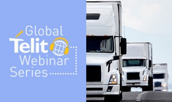 Global Telit Webinar Series logo with a fleet of semi trucks.