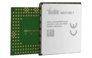 The telit microcontroller with LTE Cat M1/NB1 capabilities on a white background.