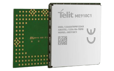 The telit microcontroller with LTE Cat M1/NB1 capabilities on a white background.