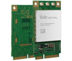 A pair of Telit PCI data cards on a white background.