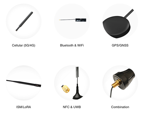 Various antennas from MIOT Solutions: Cellular (5G and 4G), Bluetooth technology and Wi-Fi, GPS and GNSS, ISM and LoRa, NFC and UWB, and combination.
