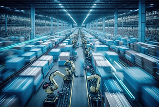 MIOT Solutions' robotic arms are sorting packages in a large, modern warehouse filled with organized rows of shelves and fast-moving conveyor belts.