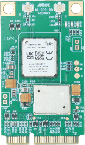Close-up of a green printed circuit board with various electronic components, including a Telit module at the center, capacitors, resistors, and connectors—all meticulously designed by MIOT Solutions.