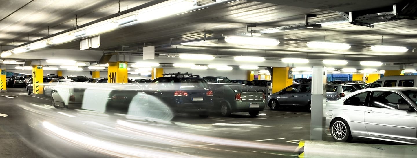 A parking garage with IoT smart technology for traffic and parking management.