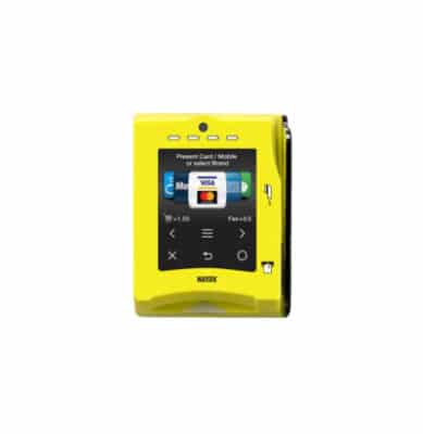 A yellow device with a screen on it.