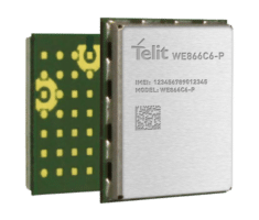 The Telit WE866E-P is displayed against a white background, featuring a high-bandwidth Wi-Fi/Bluetooth® transceiver.