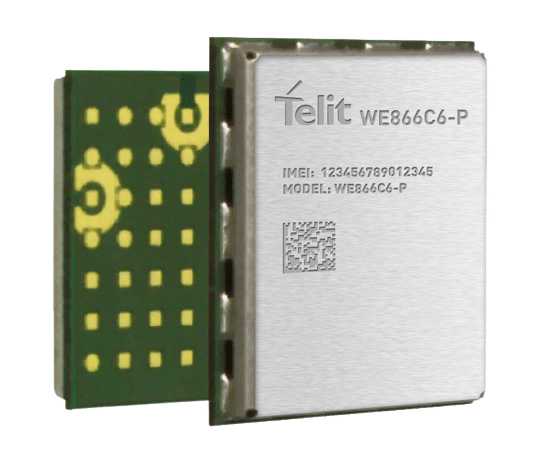 The Telit WE866E-P is displayed against a white background, featuring a high-bandwidth Wi-Fi/Bluetooth® transceiver.