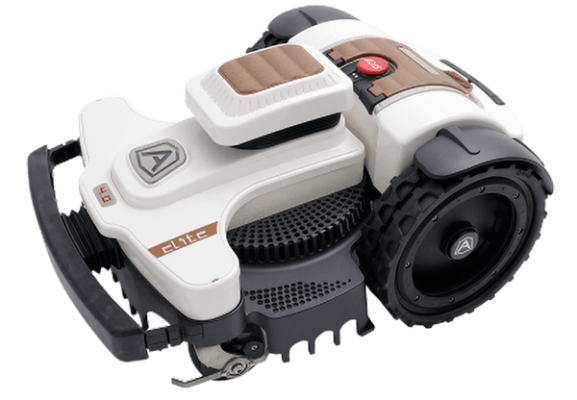 A white and brown robot lawn mower on a white background.