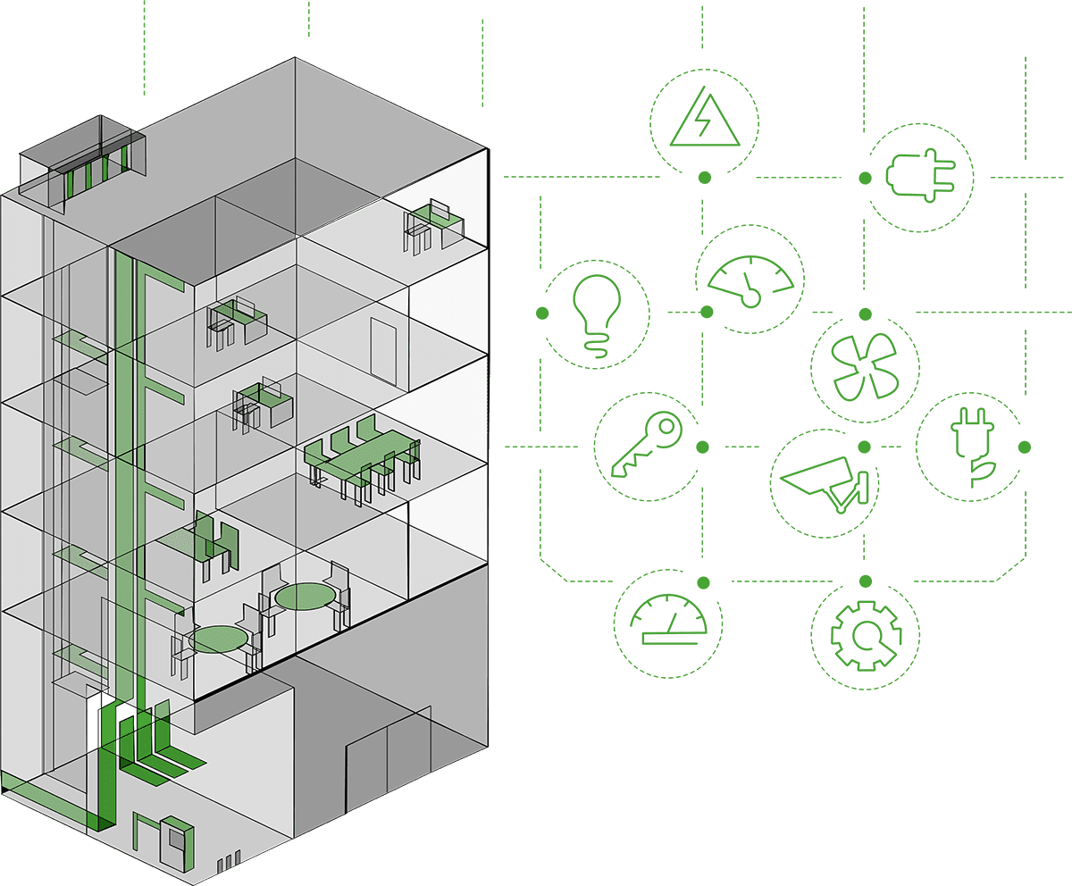 An illustration of a building with green facilities management icons.