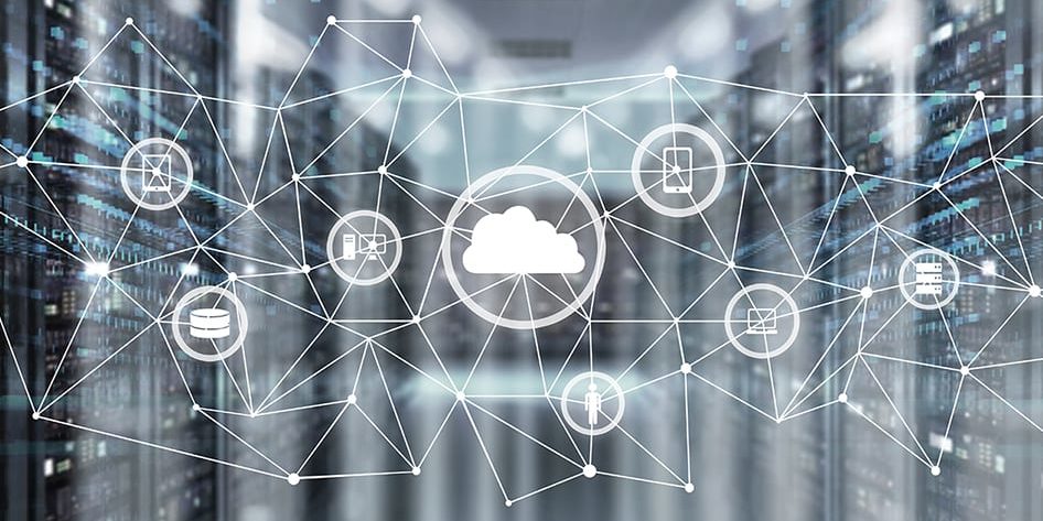 An image of a data center with a connected cloud, showcasing predictive maintenance.