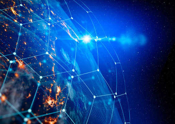 An image of Earth with a network of lines representing an IoT network.