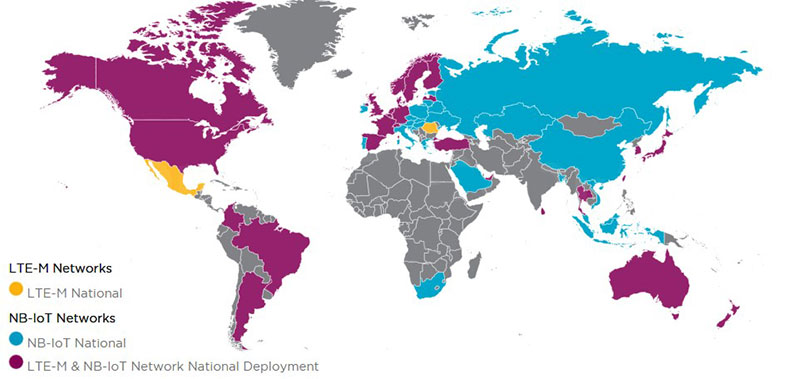 A color-coded world map showing where LTE-M and NB-IoT or both are deployed.