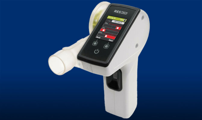 A handheld medical device from Restech set against a blue background.