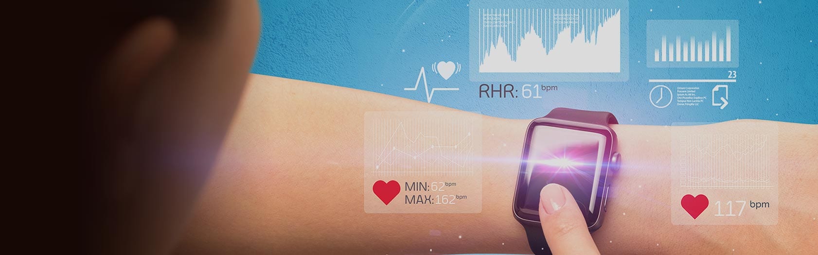 A person's wrist with a smart watch, an IoT device for health care.