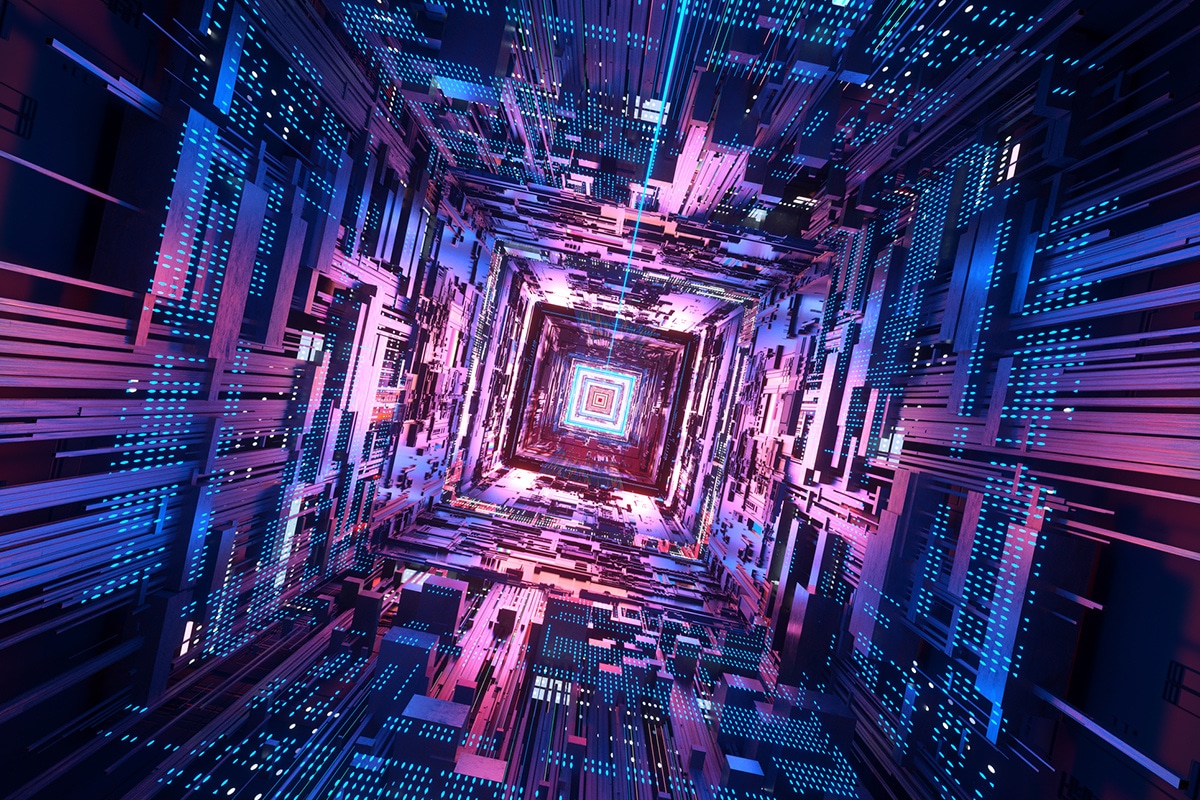 This image showcases a futuristic city illuminated by blue and purple lights.
