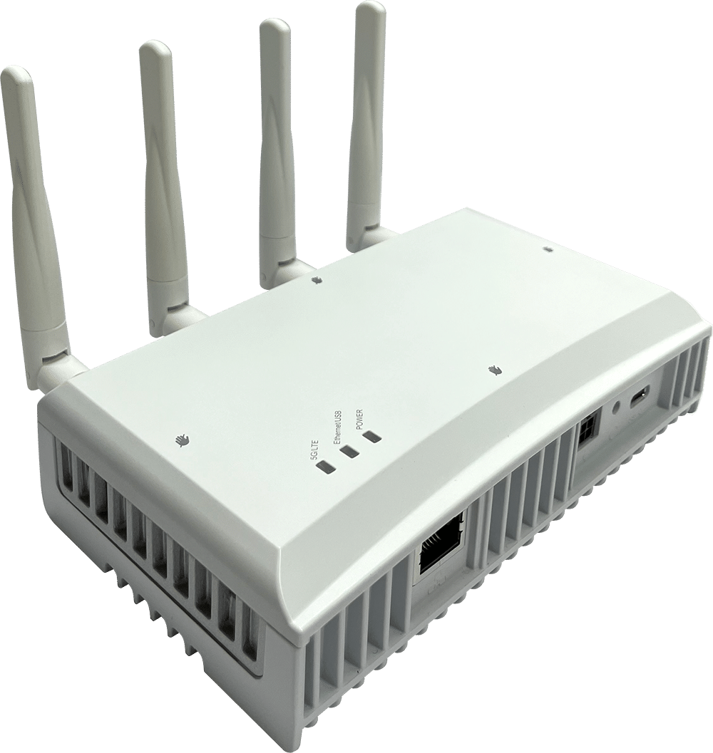 A white wireless router with two antennas.