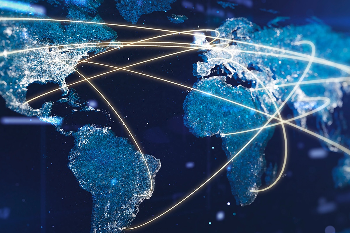 Map showing cities around the globe connected by data lines.