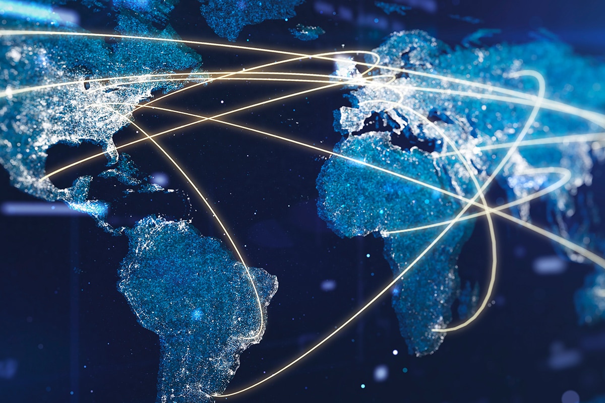 Map showing cities across the blobe connected by data lines.