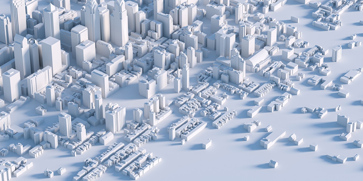 A 3D model of a city with numerous buildings, perfect for smart retail.