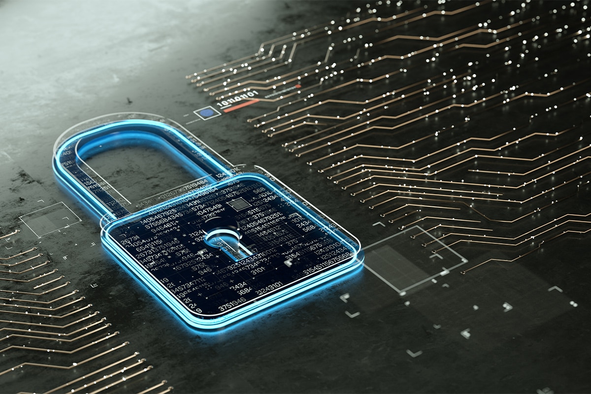 A digital padlock with a circuitry background, representing how SD-WANs enable organizations to transmit business-critical data securely.
