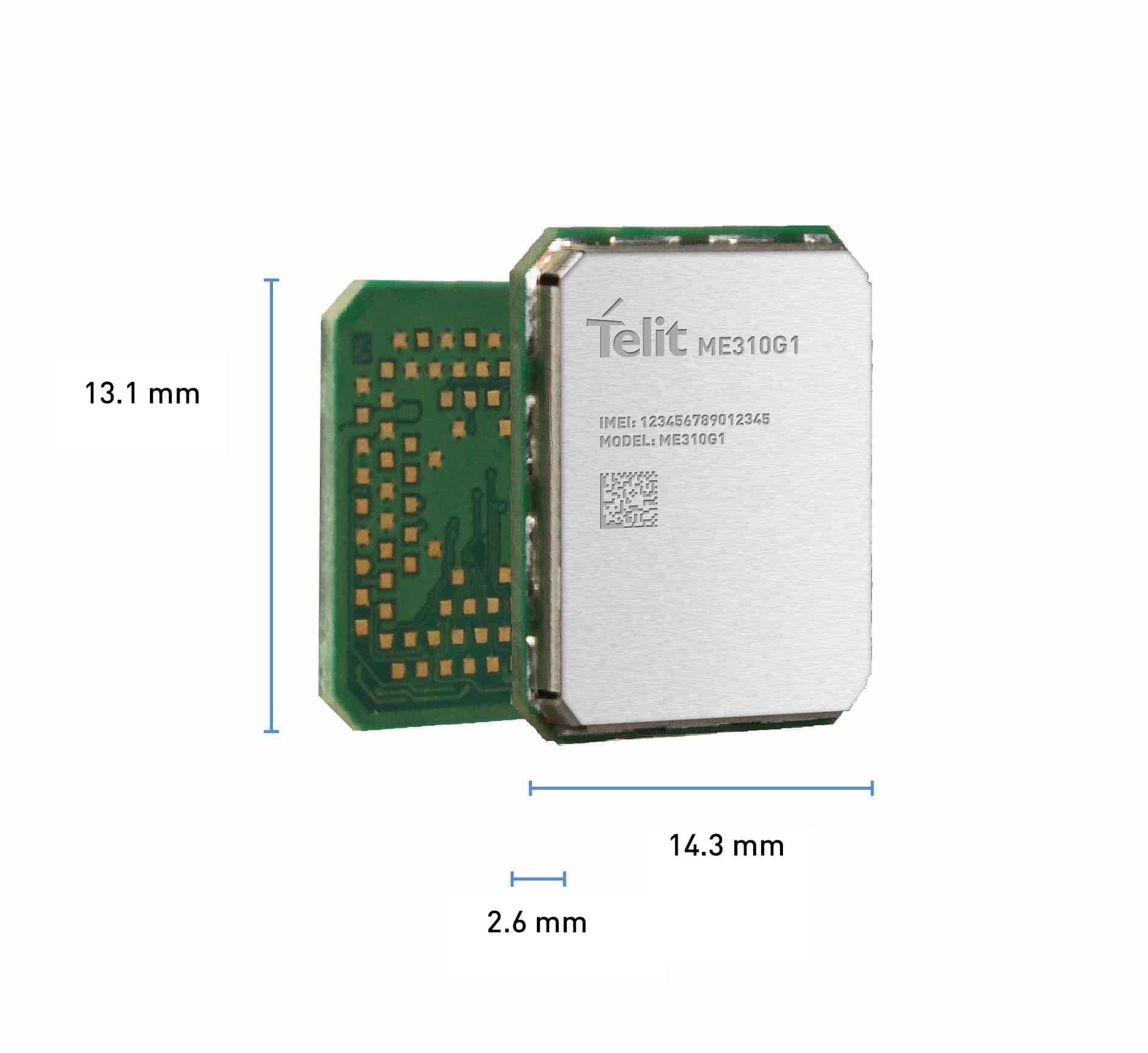 Telit ME310G1 ultra-small LTE-M and NB-IoT cellular LPWA module, a member of the xE310 form factor family.