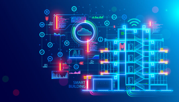 Digital illustration of a smart building with connected systems, edge AI IoT, and data analytics icons.