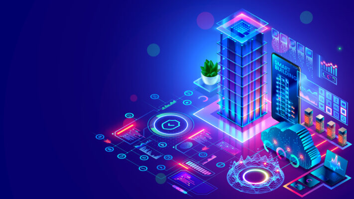 A 3D digital illustration of a smart building surrounded by various technological icons, including a cloud and a computer with a graph.