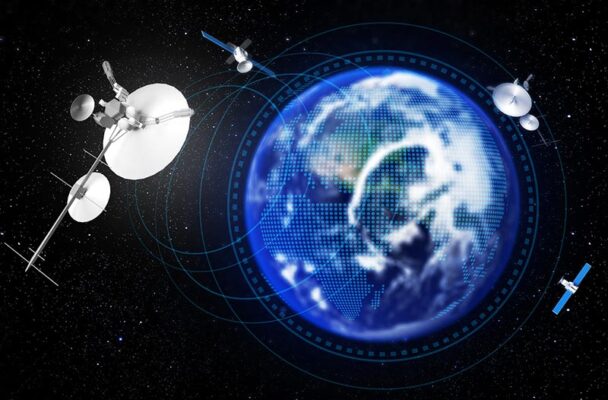 An illustration of Earth surrounded by GNSS satellites in space, showing various communication and orbiting patterns.