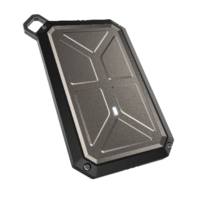 A rugged metal external hard drive with an intricate geometric design by HAE Innovations and a central LED indicator.