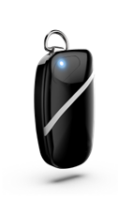 A black car key fob by HAE Innovations with a blue led indicator light, displayed against a white background.