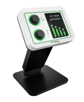 Modern digital oscilloscope with HAE Innovations control knobs and a display screen, mounted on a black stand.