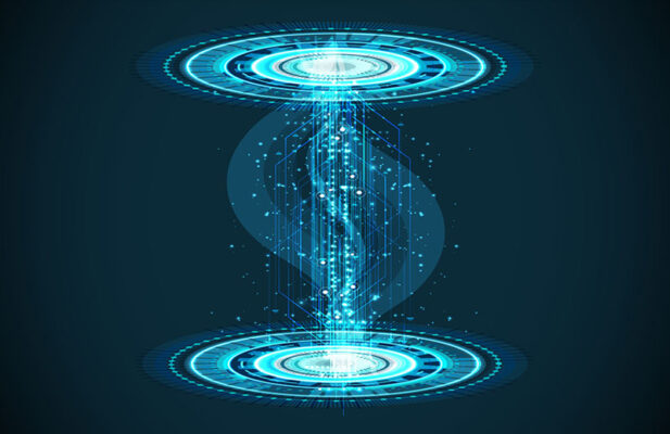 Two glowing blue digital circular platforms are connected by a stream of light and data particles, representing edge computing.