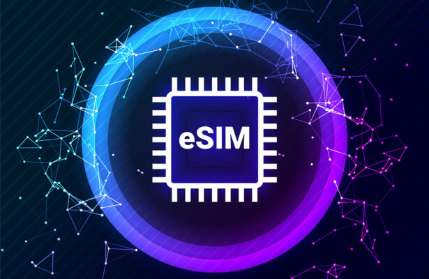 Illustration of an eSIM chip enclosed within a glowing circular graphic, surrounded by abstract geometric lines against a dark background.