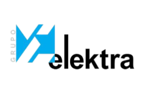 Logo of Grupo Elektra featuring a stylized blue "m" next to the word "elektra" in lowercase black letters.