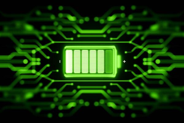 A digital illustration of a glowing green battery icon surrounded by circuitry.