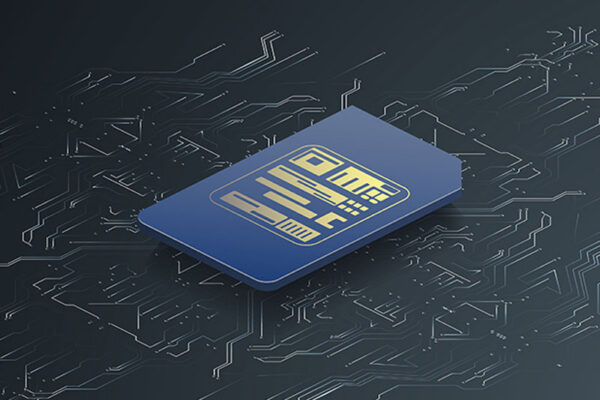 A close-up illustration shows a SIM card with a gold circuit pattern. It sits on a dark background with abstract electronic circuitry.