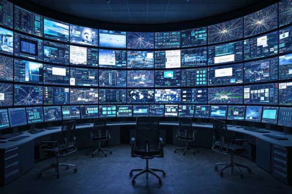 A modern control room with multiple desks and chairs, featuring large curved walls covered in digital monitors displaying data, maps, and surveillance feeds.
