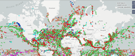 MarineTraffic showing the shipping industry's global congestion. IoT telematics devices enhance visibility for shipping containers in transit.