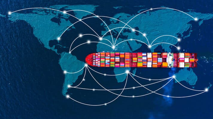 An image of a container ship connected to the world through IoT.