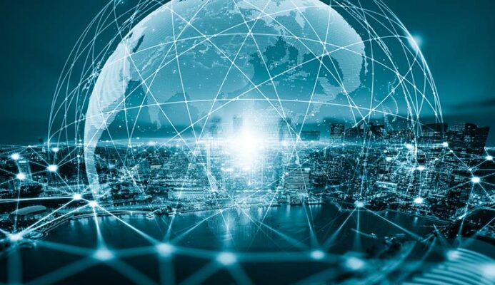 A digitized globe overlaid with a network of glowing lines.