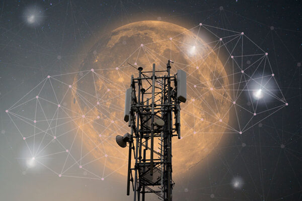 A cell tower against a large moon backdrop, with interconnected lines and nodes overlaid, suggesting 5G NR connectivity.
