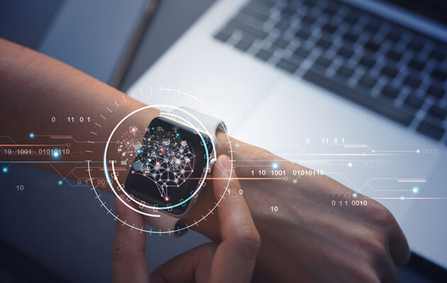 A person wearing a smartwatch with a digital interface overlay, indicating connectivity through 5G NR.