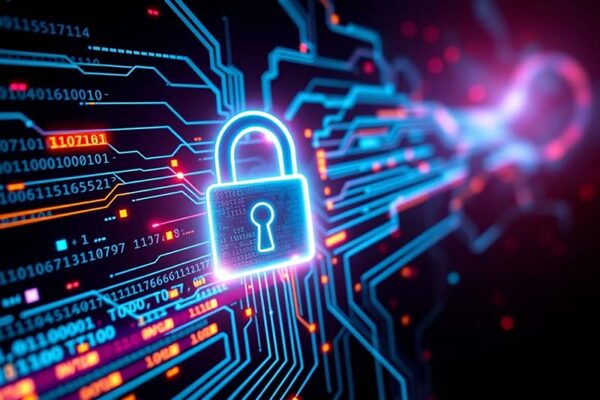 A glowing padlock icon in the middle of a digital circuit board background with lines and binary code, symbolizing cybersecurity and data protection for massive IoT.
