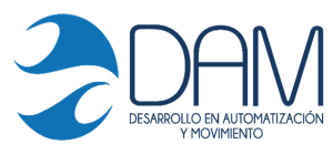 Logo with blue abstract wave graphic and the text "DAM" beside it; below, in Spanish, it reads "Desarrollo en Automatización y Movimiento," representing Adams Corp’s commitment to innovation.